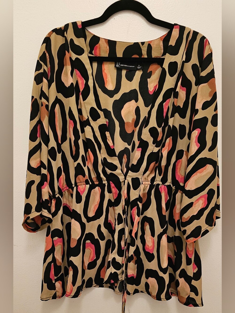New York & Company Beige Black and Pink Animal Print V-Neck Blouse